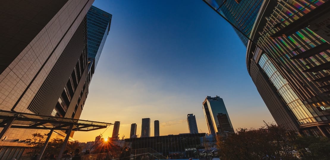 近代的な高層ビルの外壁が夕陽に照らされ、ビルの反射ガラスが黄金色に輝いている